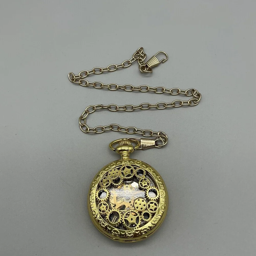 Steampunk Gear Pocket Watch Men 47mm Gold Tone Skeleton Half Hunter Manual
